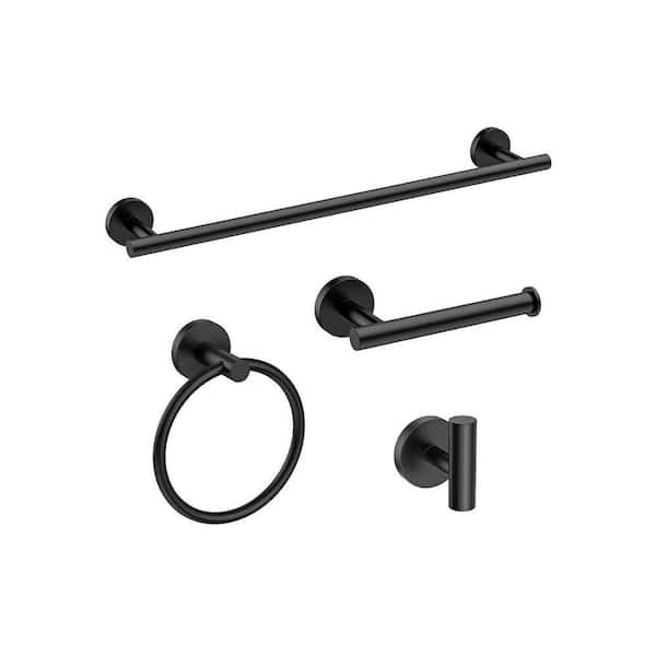 4-Piece Bathroom Hardware Set with 24-Inch Towel Bar Toilet Paper Holder Towel Ring Robe Hook in Matte Black