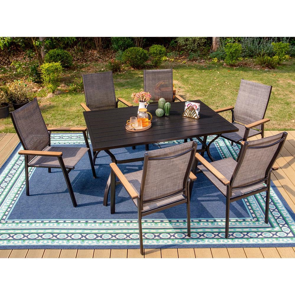 PHI VILLA Black 7-Piece Metal Outdoor Patio Dining Set with Slat ...