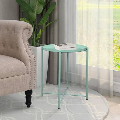 20.5 in. H x Dia 17.7 in. Teal Round Metal Tray Top End Table with Cross Legs