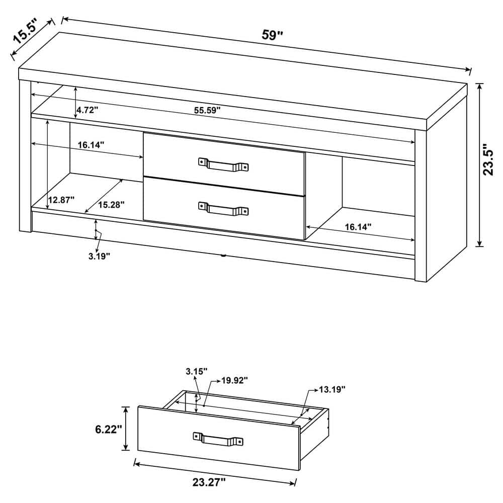 Modern Driftwood Gray TV Console with 2 Drawers and Open Shelving