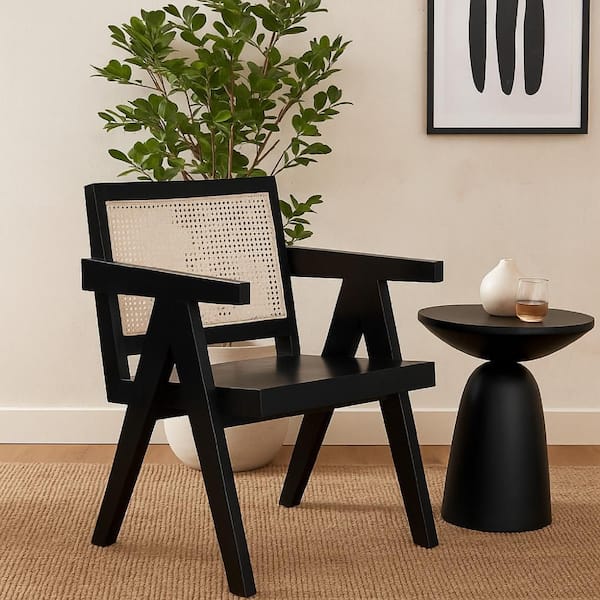 Kato Black Solid Mango Wood Dining Armchair with Cane Backrest