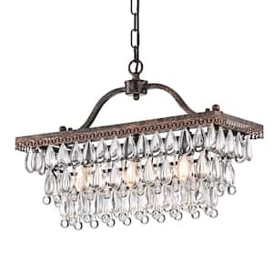 Chiara 3-Light Antique Bronze Rectangular Glam Chandelier with Clear Glass Hanging Teardrop Crystals