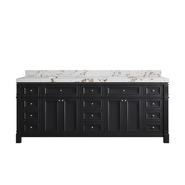 Willow Collections Paris 84 in. W x 22 in. D x 36 in. H Double Sink Bath Vanity in Black with 2 in. Viola Brown qt. Top