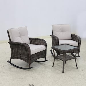 3-Piece Wicker Outdoor Rocking Chairs Patio Conversation Set with Cushions and Table