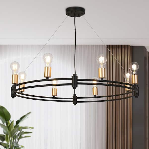 Industrial 8-Light Black and Gold Vintage Wagon Wheel Island Chandelier, Traditional Candlestick Dining Room Chandelier