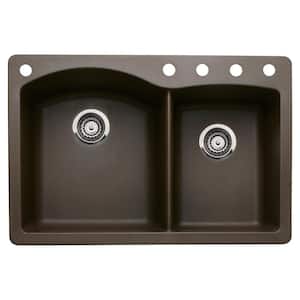 Diamond Dual-Mount Granite 33 in. 5-Hole 60/40 Double Bowl Kitchen Sink in Cafe Brown