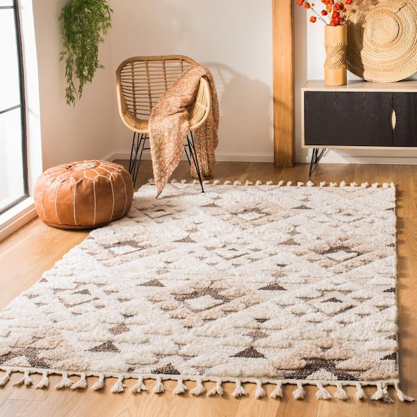 Moroccan Tassel Shag Ivory/Brown 3 ft. x 5 ft. High-Low Geometric Fringe Area Rug