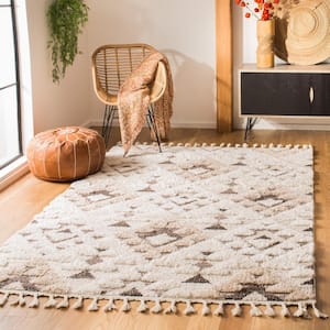 Moroccan Tassel Shag Ivory/Brown 4 ft. x 6 ft. Moroccan Area Rug