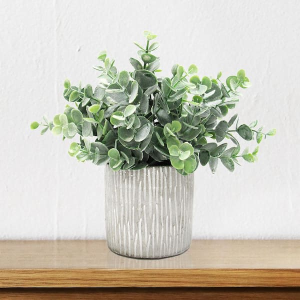 LIVING LUXURY 9 in. Artificial Eucalyptus Plant Arrangement in Cylinder Clay Pot