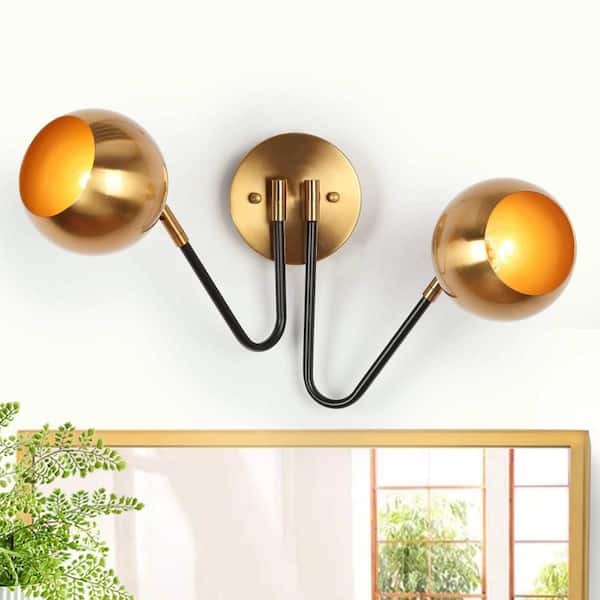 Adjustable 2-light Black Wall Sconce Lighting, Modern Rustic Brass-Plated Bath Vanity Light, Globe Wall Lamp for Foyer