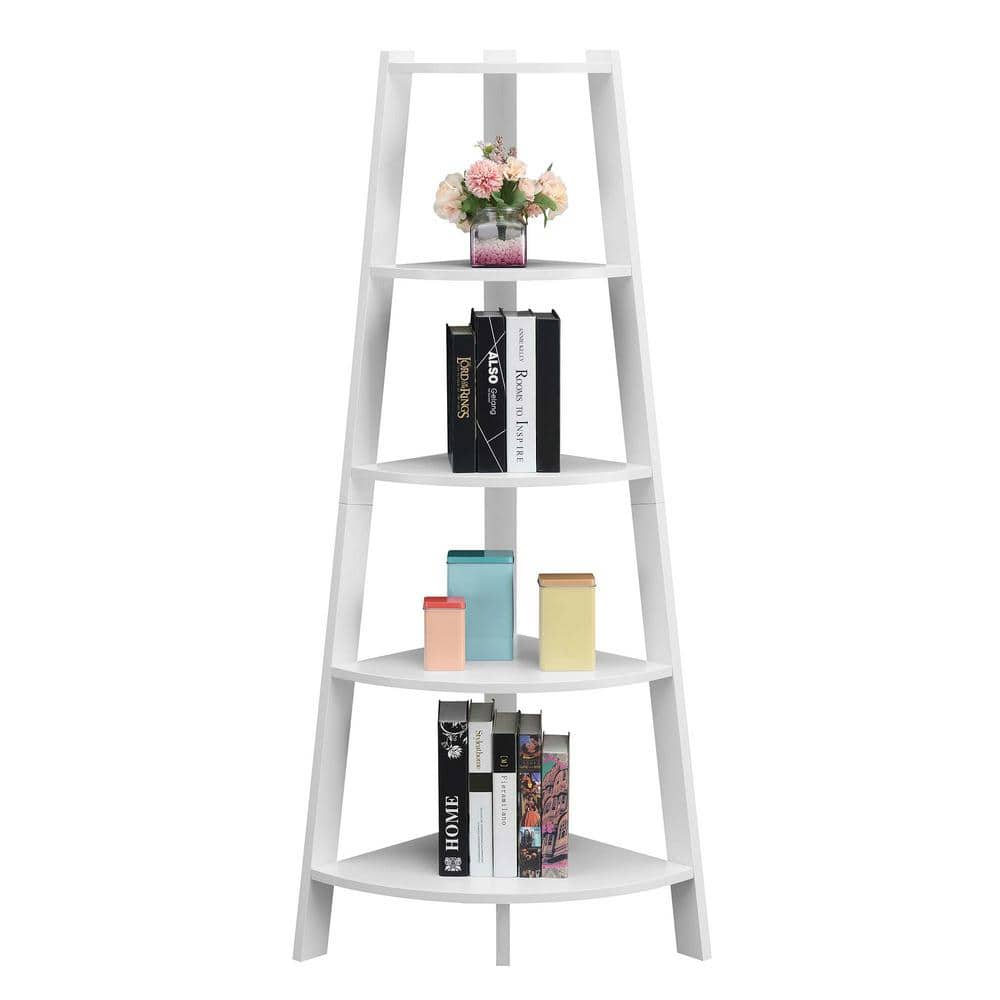 White 5-Tier Corner Bookcase with Wide Shelves