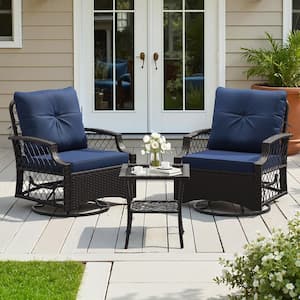 3-Piece Wicker Outdoor Bistro Set Patio Furniture Set with Navy Blue Cushions for Porch Backyard
