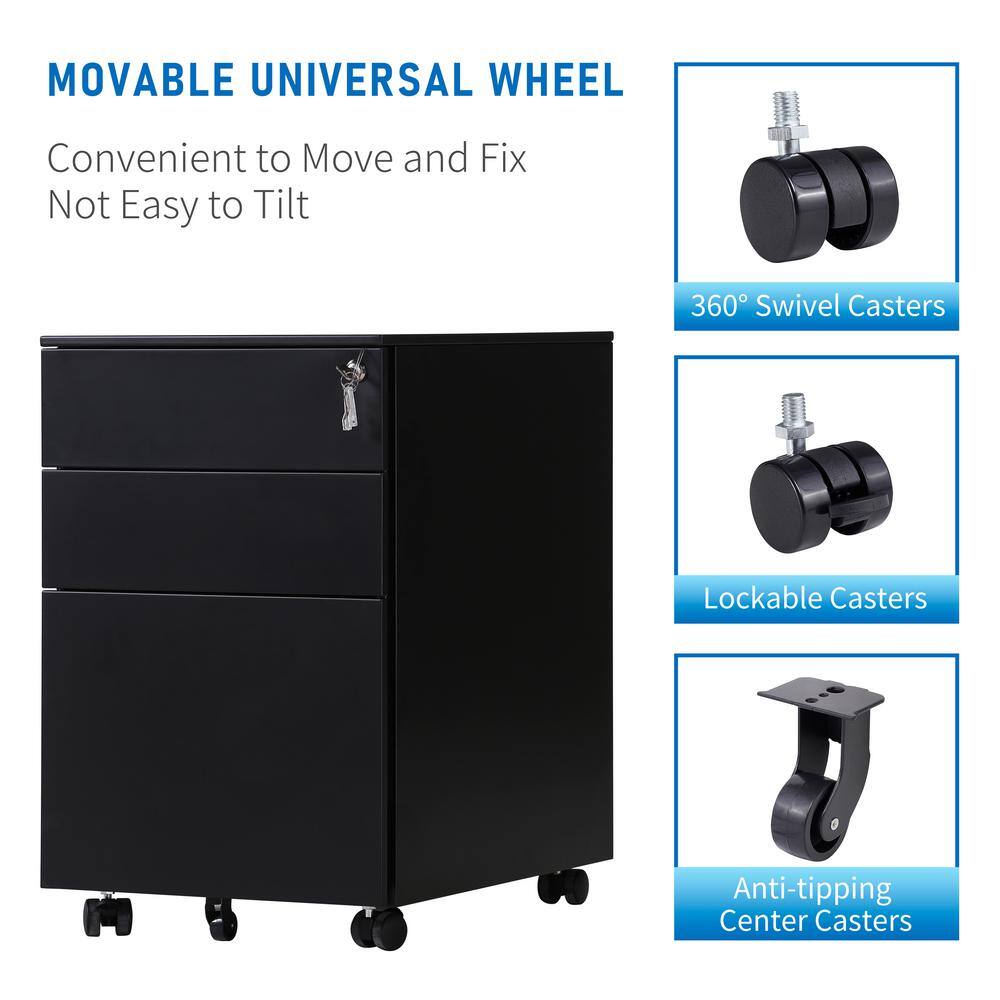 Black Mobile 3-Drawer Lockable Metal Filing Cabinet