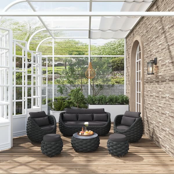 Black 6-Pieces Woven Aluminum Outdoor Patio Sectional Set with Three-seater Sofa Ottomans, Dark Gray Cushions