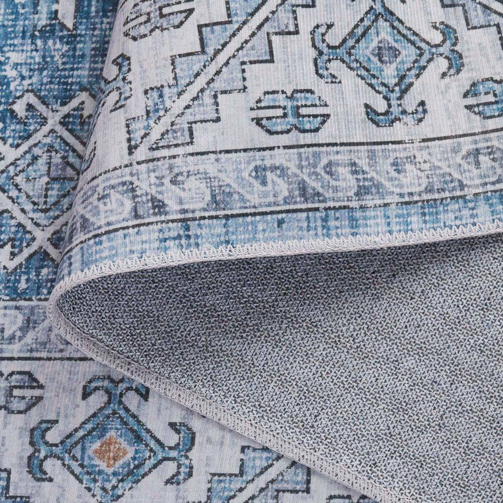 Light Blue Geometric Washable Synthetic Area Rug, 5' x 8'