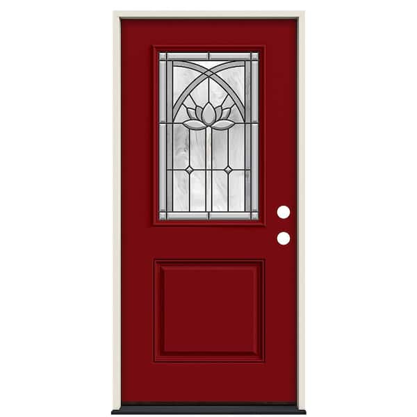 36 in. x 80 in. Left-Hand/Inswing 1/2 Lite Ardsley Decorative Glass Cranberry Red Paint Fiberglass Prehung Front Door