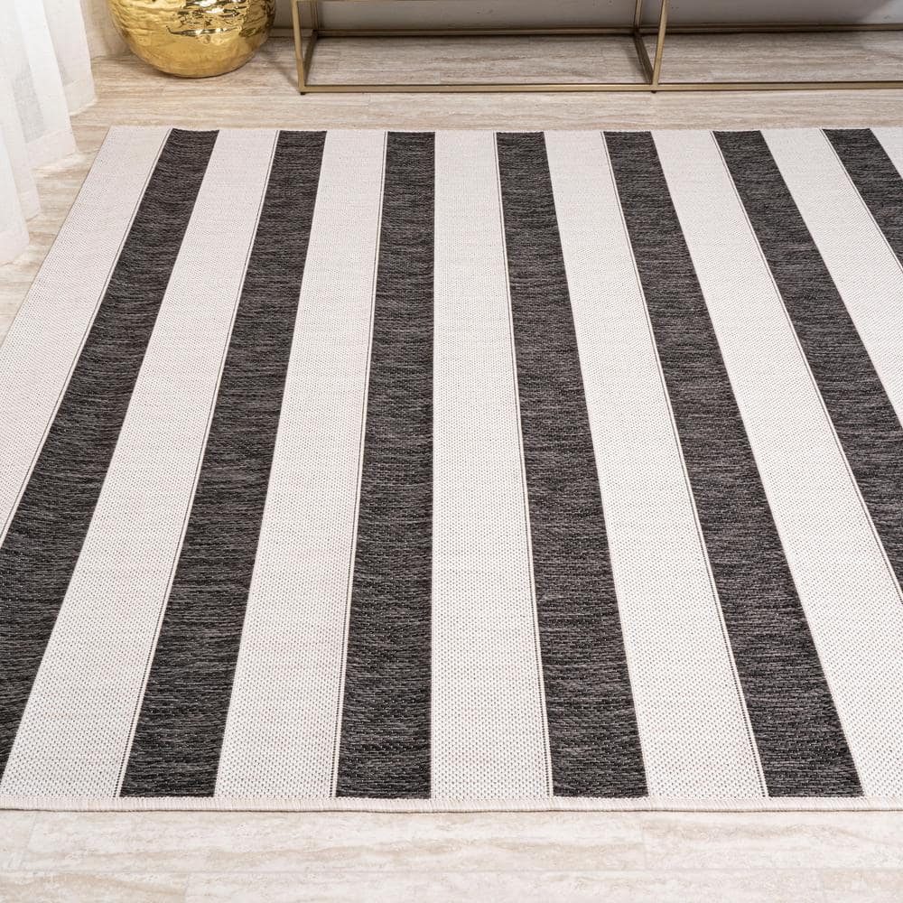 Classic Wide Stripe Black and Cream 8' x 10' Synthetic Area Rug