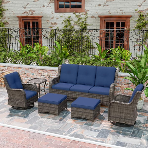 MeetLeisure 6-Piece Wicker Outdoor Sectional Sofa Set Patio Conversation with Blue Cushions