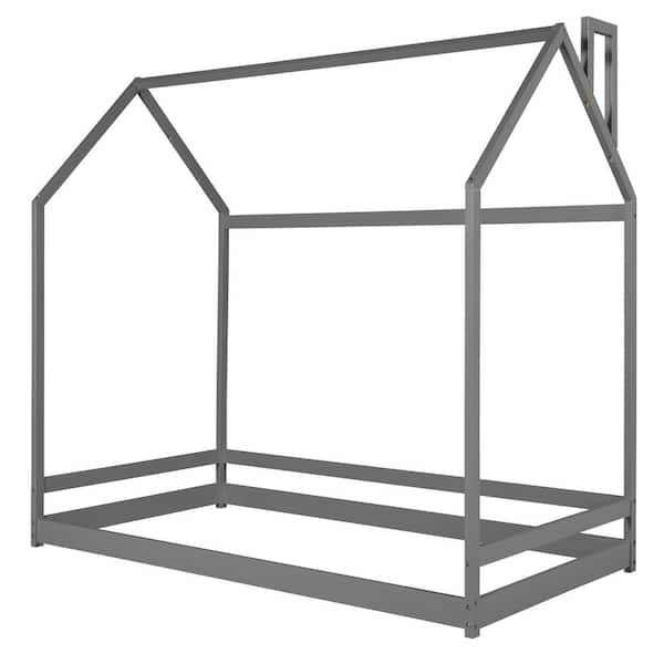 URTR Gray Twin Size Wooden House Bed House Shape Floor Bed Frame Wood House Bed for Boys and Girls