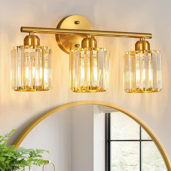 Home Lighting 18.89 in. 3-Light Brushed Gold Vertical Bathroom Crystal Vanity Light Over Mirror for Dressing Table Sink