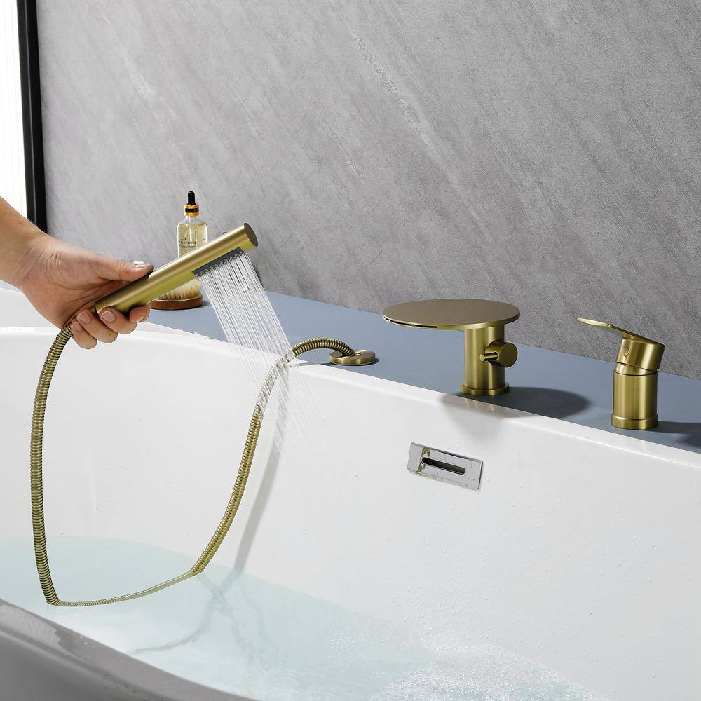 Brushed Gold Solid Brass Deck-Mounted Roman Tub Faucet with Hand Shower