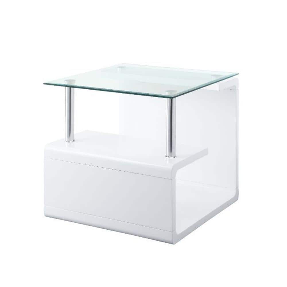 Nevaeh 29" White High Gloss & Clear Glass Square End Table