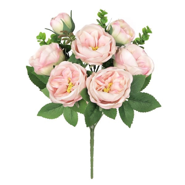 LIVING LUXURY 13 in. Cream Pink Artificial Cabbage Rose Flower Stem Bush Bouquet (Set of 4)