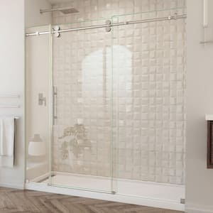 Enigma-XO 68 to 72 in. W x 76 in. H Fully Frameless Sliding Shower Door in Brushed Stainless Steel