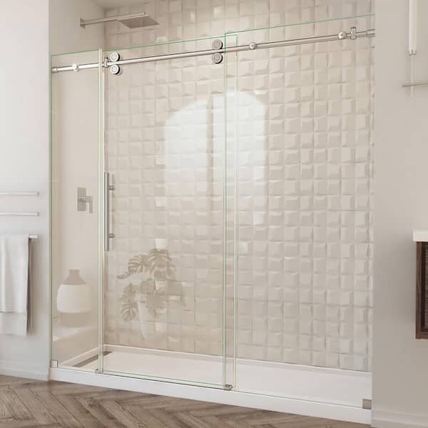 DreamLine Enigma-XO 68 to 72 in. W x 76 in. H Fully Frameless Sliding Shower Door in Brushed Stainless Steel