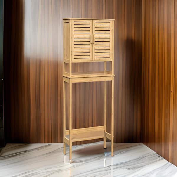Benjara 9.06 in.Brown  Toilet Cabinet Stand with 1 Shelves and Slatted Double Doors