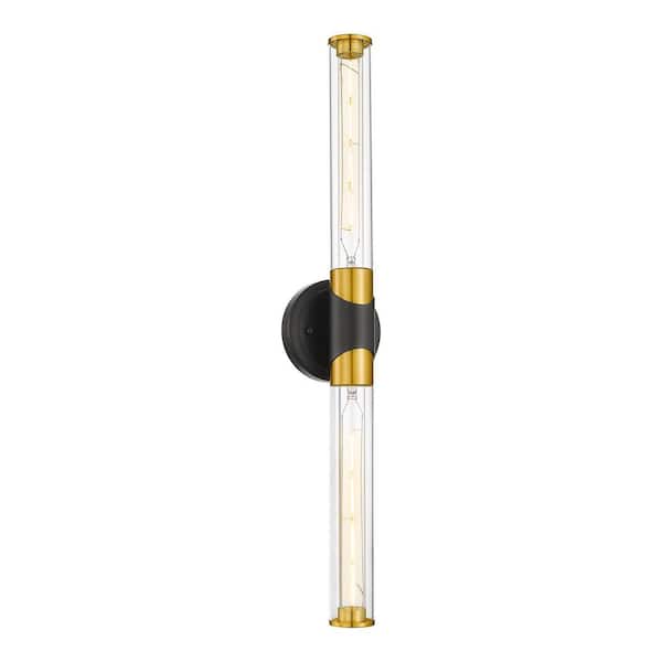 Modern 27 in. 2 Light Black and Gold Vanity Light with Glass Shade