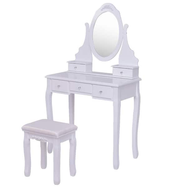 FORCLOVER 5-Drawer White Vanity Table Set with 360° Rotating Oval Mirror and Cushioned Stool