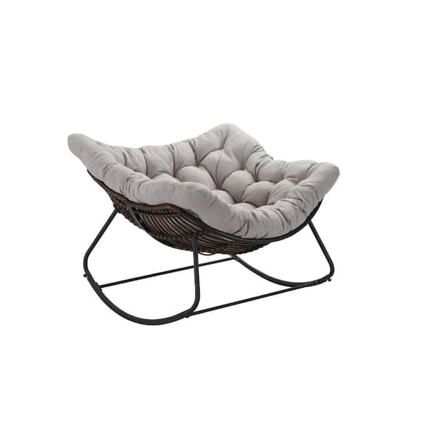 Unbranded Anandaraja Dark Grey Wicker Metal Outdoor Rocking Chair with Beige Cushions