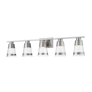 Ethos 40 in. 5-Light Brushed Nickel Integrated LED Shaded Vanity Light with Clear Seedy Glass Shade