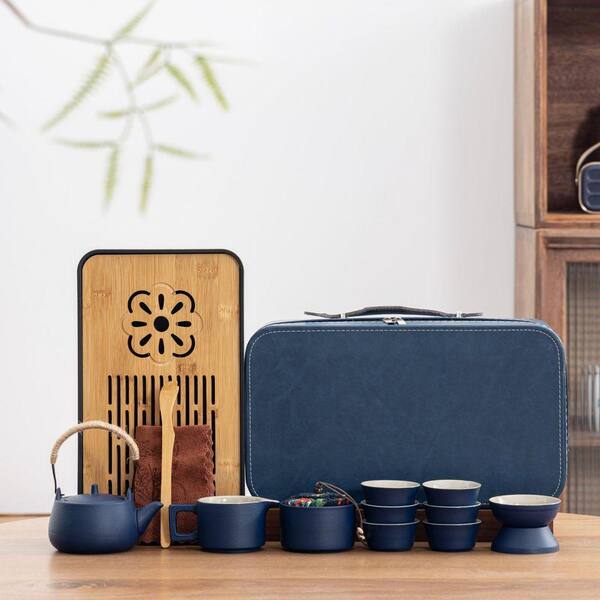 JFVKAF 14-Piece Ceramic Travel Tea Set with Bamboo Tray and
