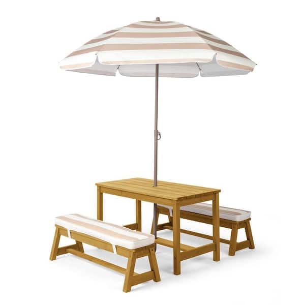 35 in. Kids Rectangle Wood Rectangle Outdoor Picnic Table and Bench with Umbrella and Cushion