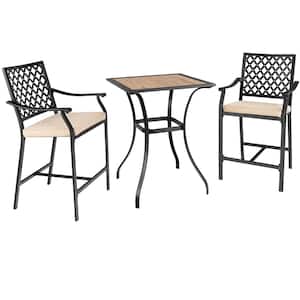 3-Piece Wood Square 36.5 in. Outdoor Bistro Set Armrest Chairs with Beige Cushions