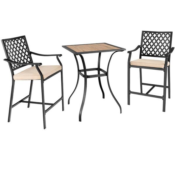 Costway 3-Piece Wood Square 36.5 in. Outdoor Bistro Set Armrest Chairs with Beige Cushions