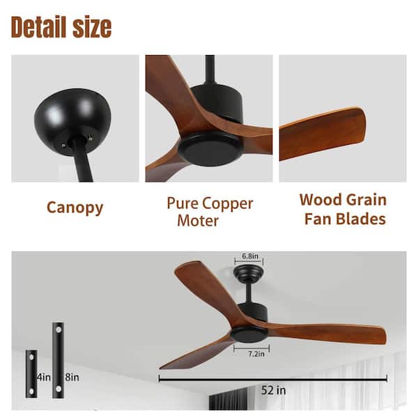 Jushua 52 in. Natural Wood Low Profile DC Motor Ceiling Fan No