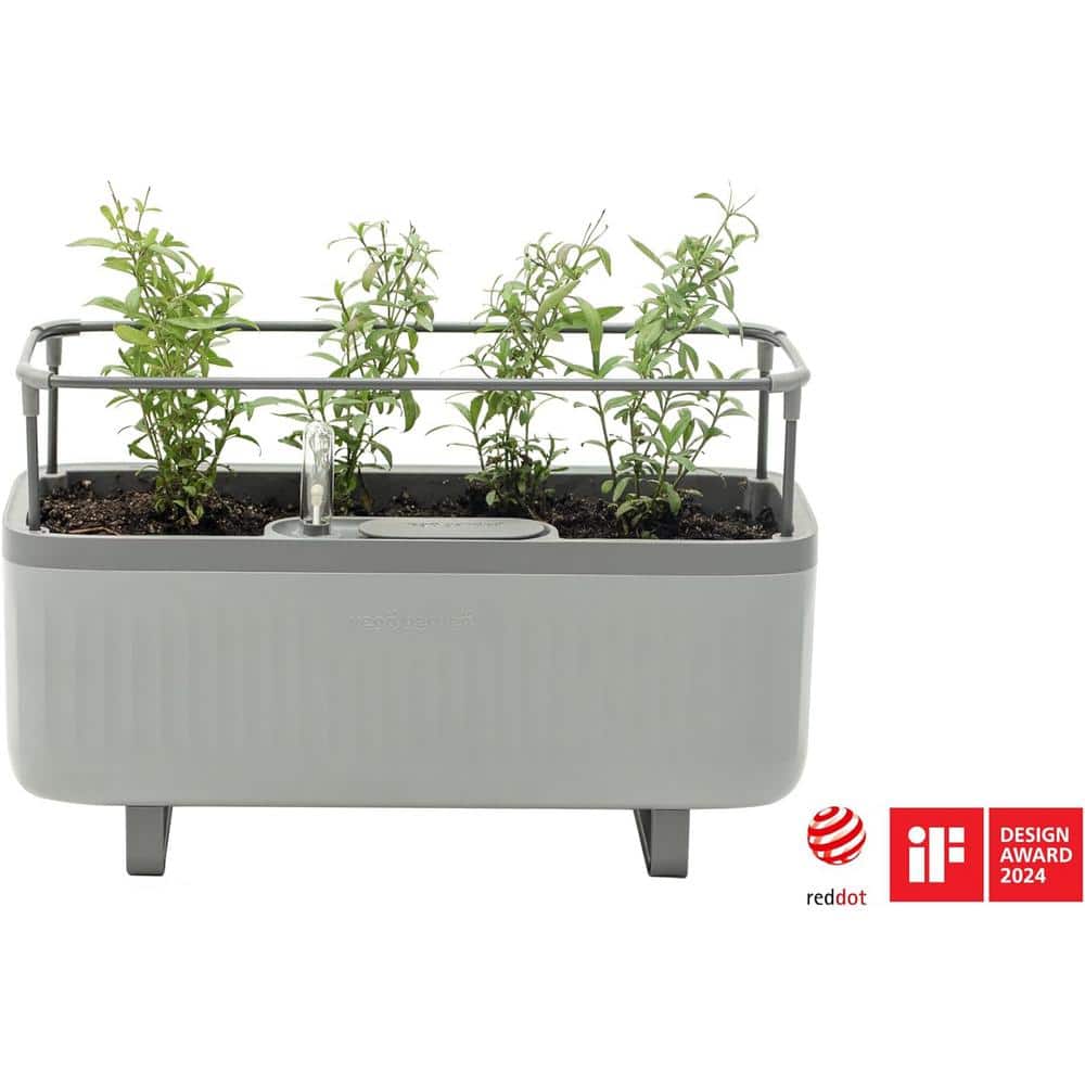 Fog Gray Self-Watering Herb Planter Box with Trellis