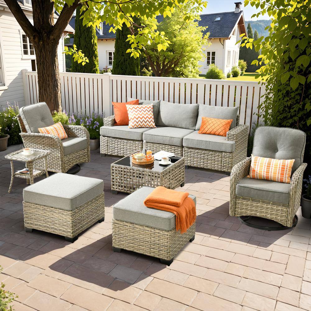 Torino Gray 9-Piece Modern Wicker Patio Conversation Deep Seating Set with Swivel Rocking Chairs and Dark Gray Cushions price history on PriceWatchPro