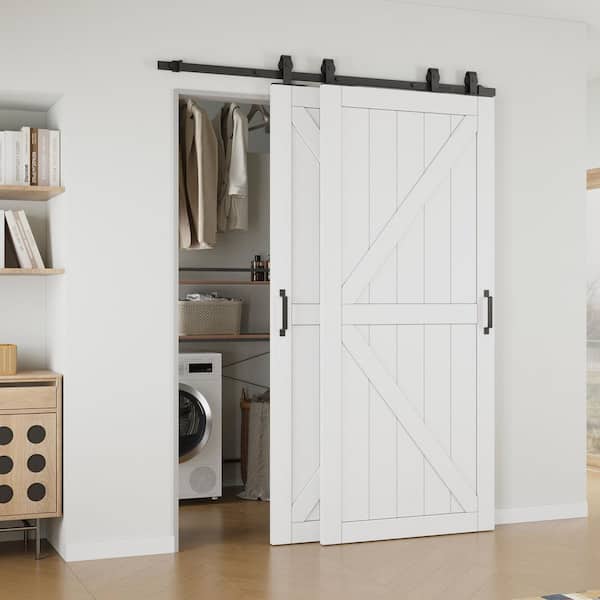 ARK DESIGN 64 in. x 84 in. (Double 36 in. ) Paneled White Primed MDF K-Shape Sliding Barn Door with Hardware Kit Bypass