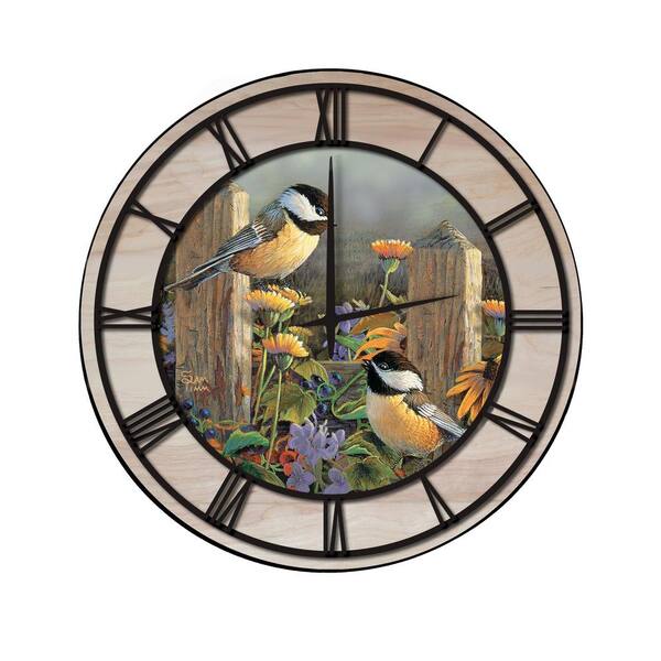 Unbranded "Linda's Chickadees" Woodgrain Accent and Black Numbers Imaged Wall Clock