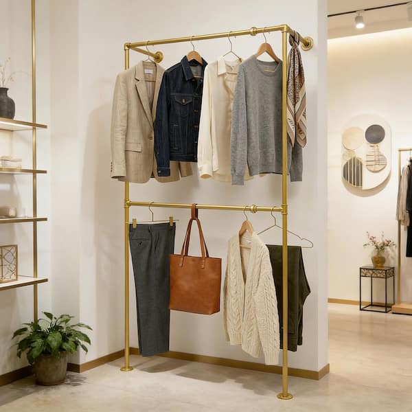 gold dress rack YIYIBYUS Simple Pipe Wall Mounted Iron Display Clothes 47.2 in. x 82.67 in style: IFW8012