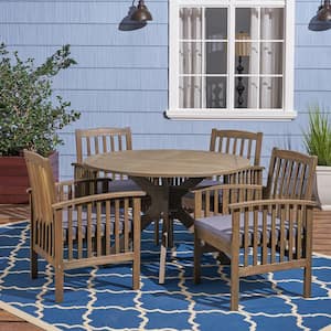 Casa Acacia Grey 5-Piece Acacia Wood Round Table with X-Legs Outdoor Patio Dining Set with Dark Grey Cushions