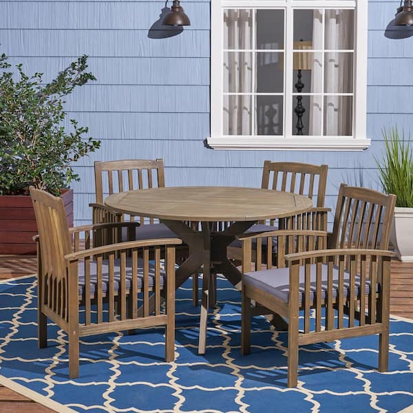 Noble House Casa Acacia Grey 5-Piece Acacia Wood Round Table with X-Legs Outdoor Patio Dining Set with Dark Grey Cushions