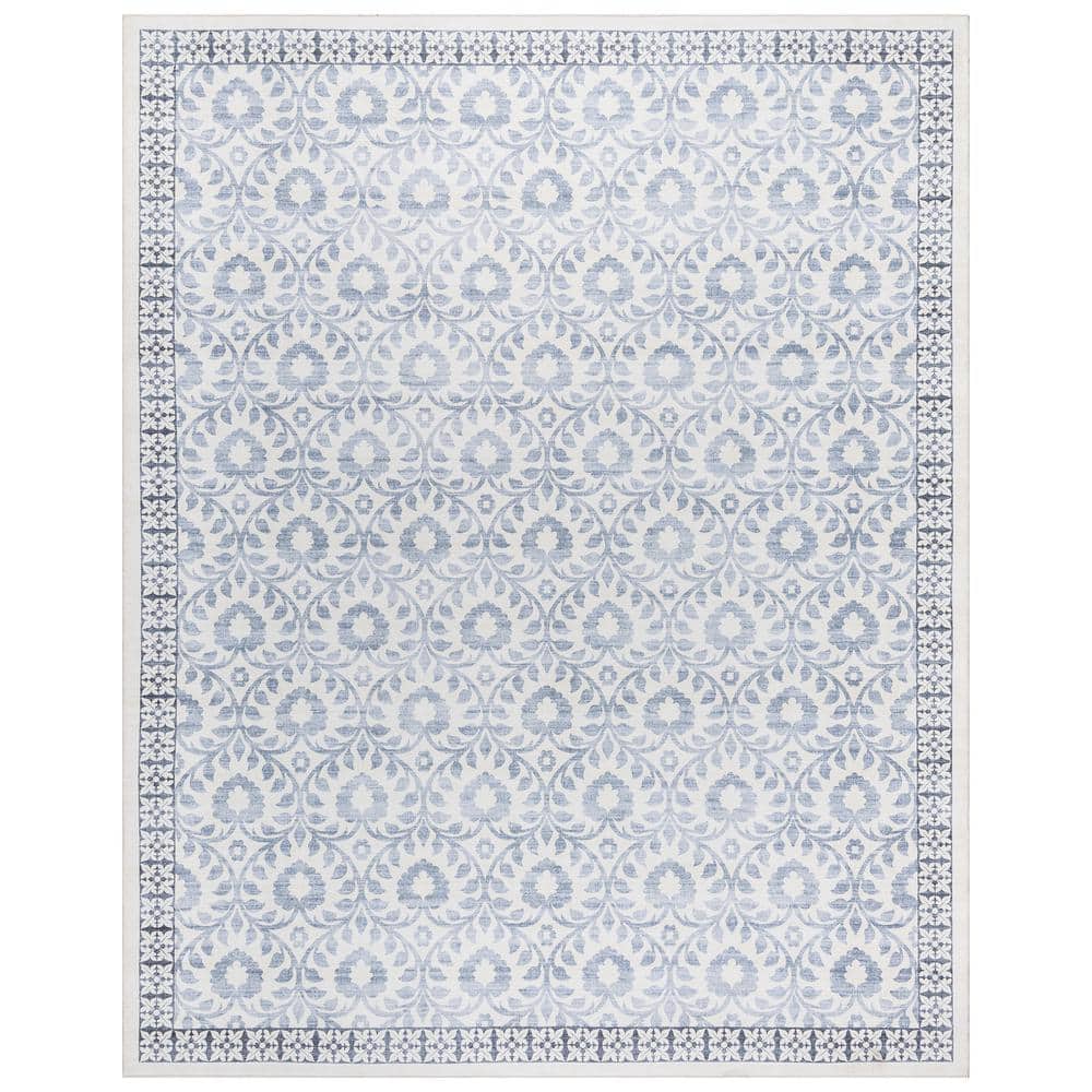 Esme Blue and Ivory Geometric Floral 6' x 9' Area Rug