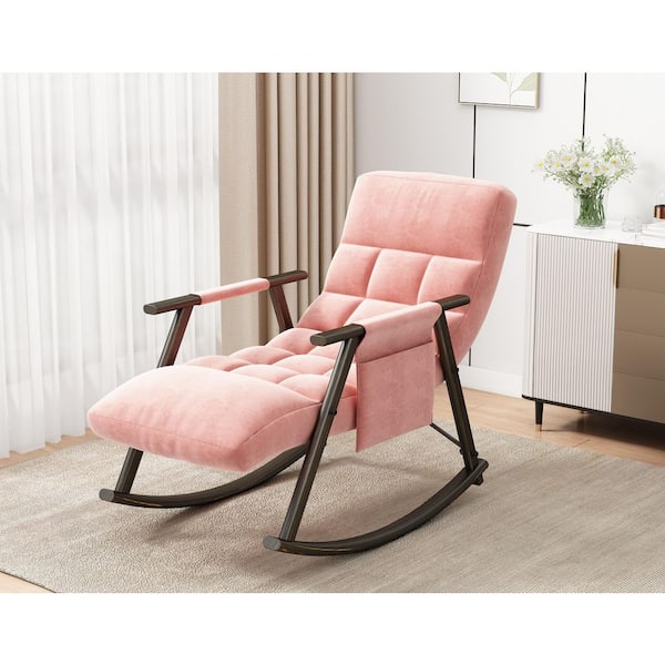 23.30 in. W Pink Casual Folding Rocking Chair Adjustable Backrest and Footrest, Side Pockets Placed Living Room, Bedroom
