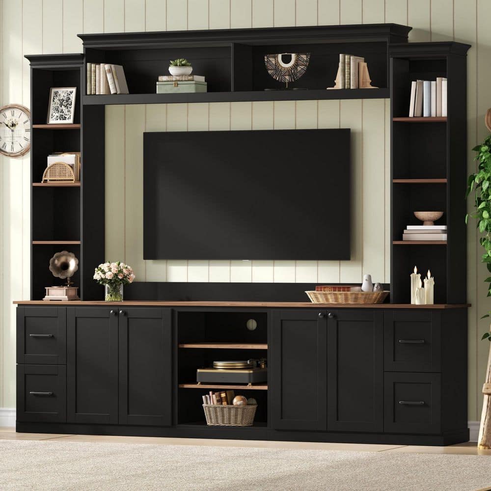 Farmhouse Large Wall Unit Entertainment Center Black TV Stand Fits TV's up to 70 in. with Shelves, Drawers, Cabinets