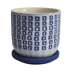 5 in. White and Blue Ceramic Saucer and Square Pattern Planter